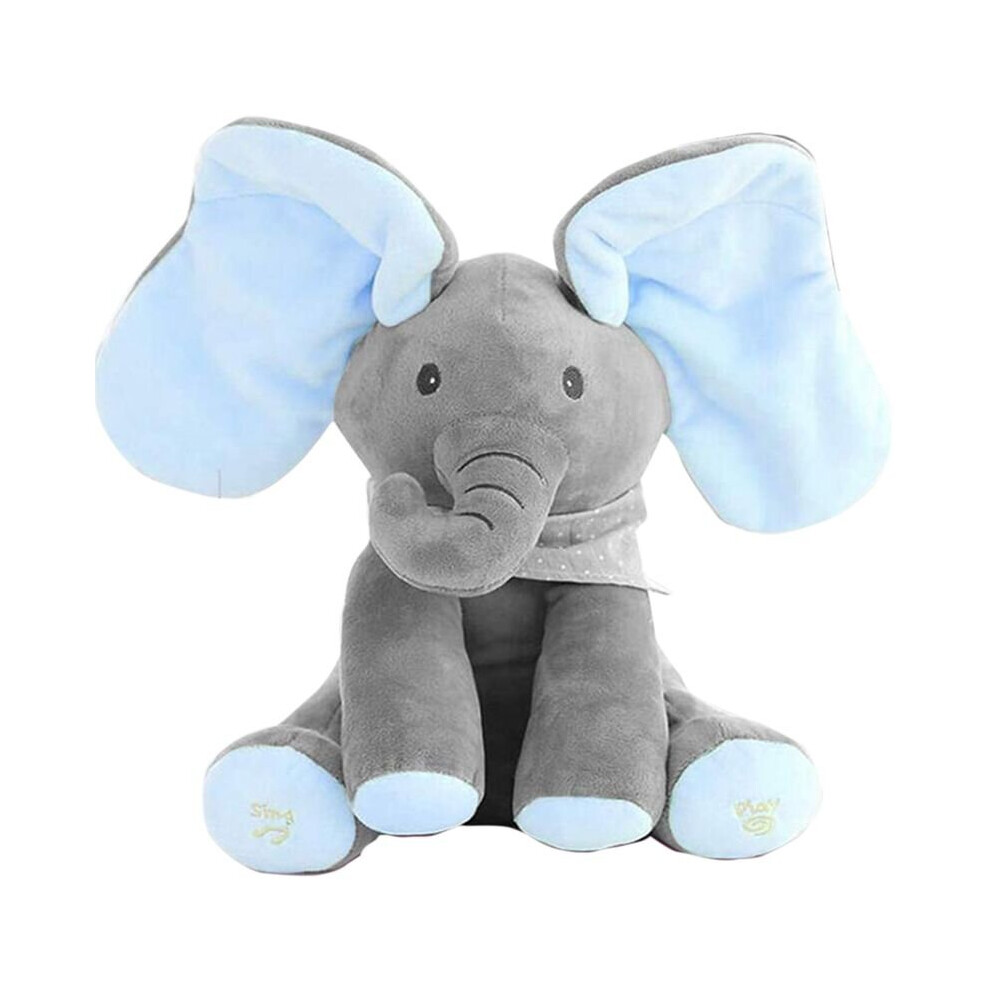 Gray+Blue) Peek-a-boo Elephant Plush Toy Singing Stuffed Doll Gift