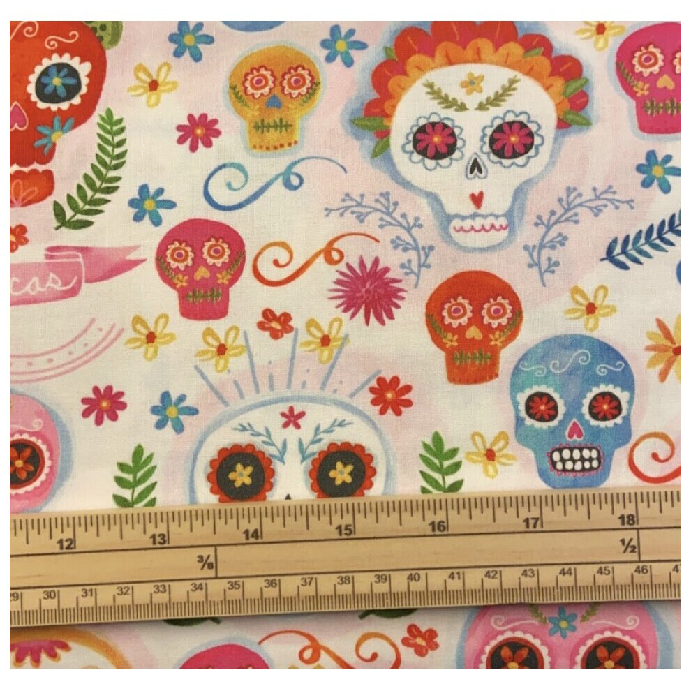 Fat Quarter Rainbow Sugar Skulls Blush On White 100% Cotton Quilting Fabric