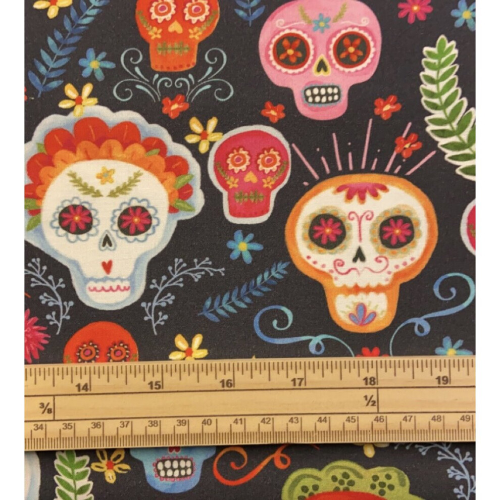 Fat Quarter Rainbow Sugar Skulls On Charcoal Grey 100% Cotton Quilting Fabric