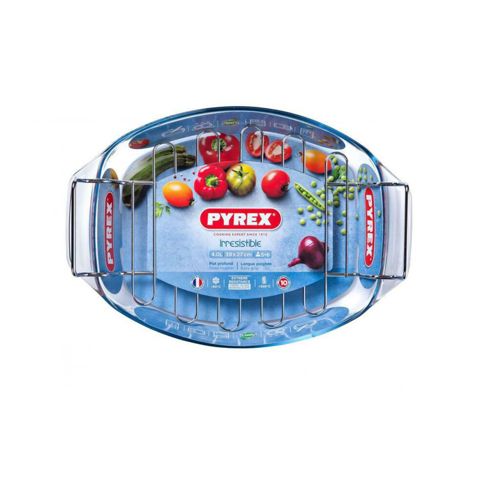 Pyrex Easy Grip Oval Glass Roaster with Rack 39cm x 27cm Transparent