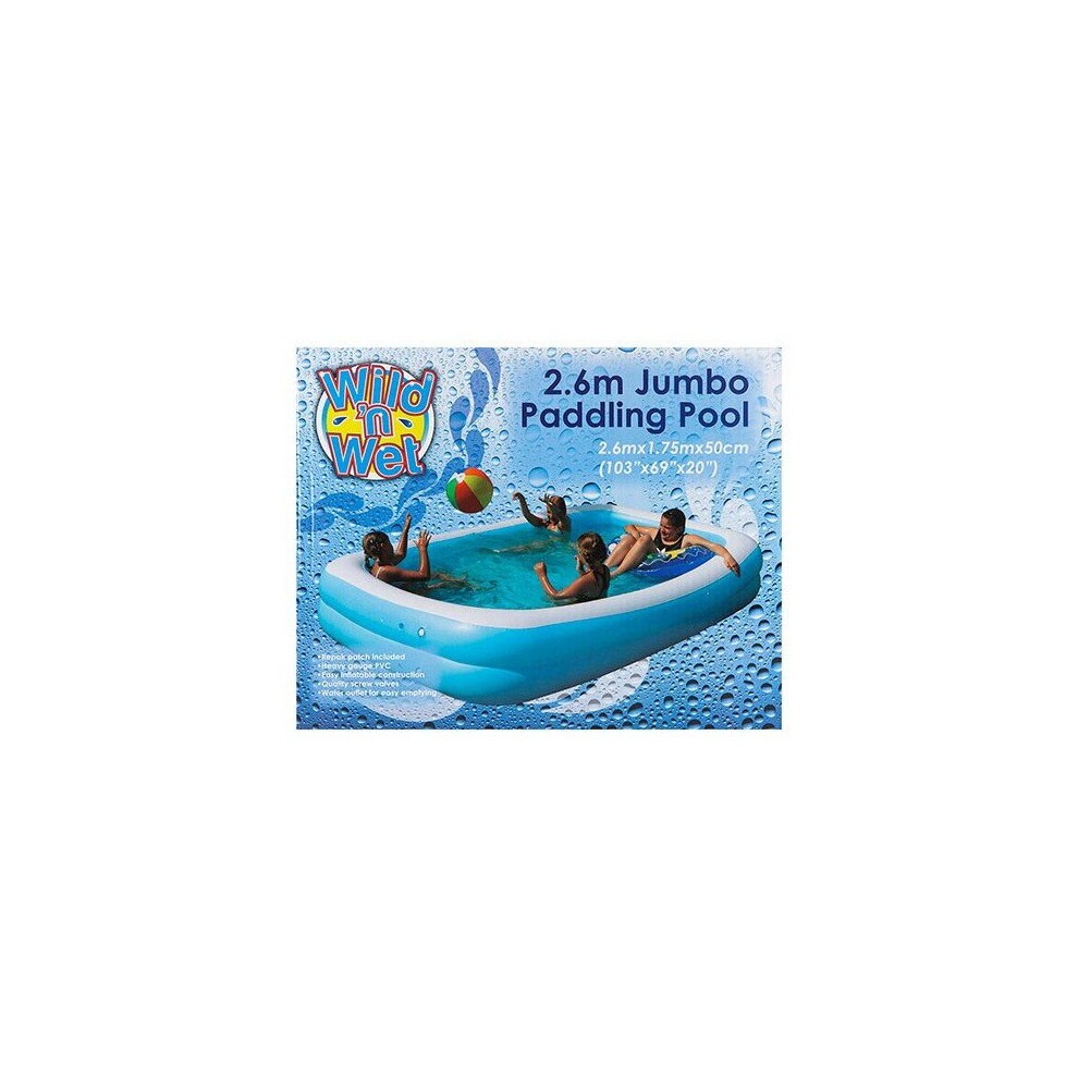 Wild N Wet 2.6M X 1.75M Jumbo Rectangular Inflatable Garden Paddling Water Pool