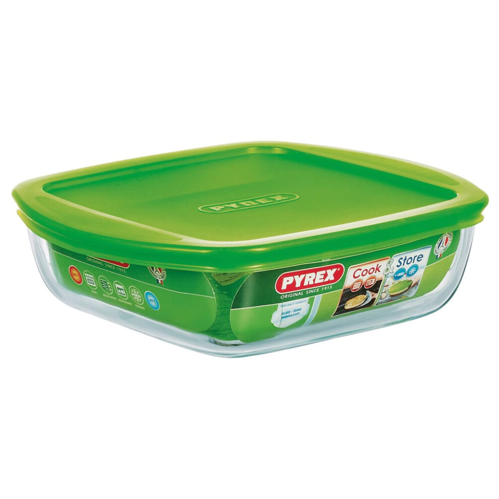 Pyrex Classic Square Glass Dish with Vented Lid 1L Green