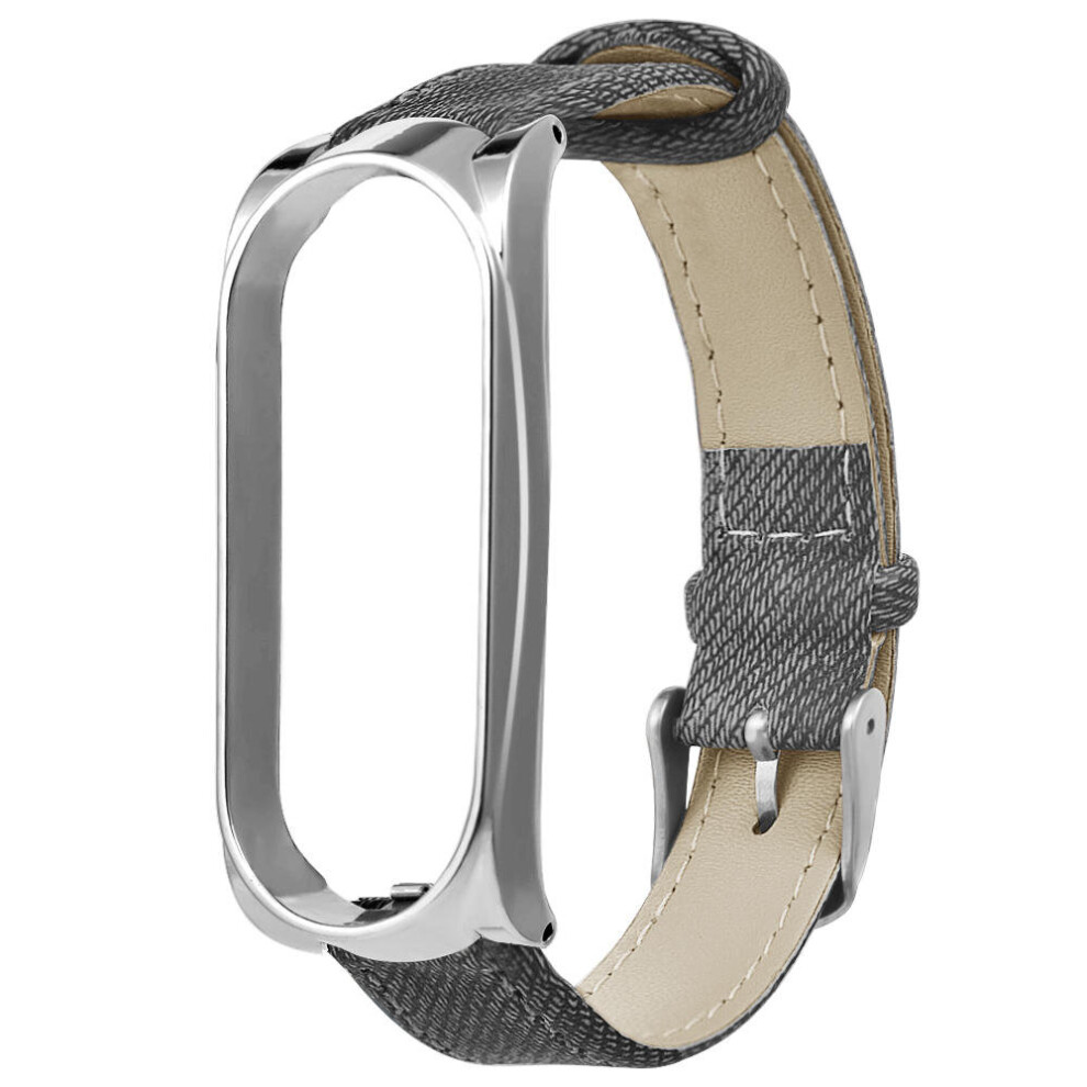 Denim Leather Watch Band Watch Strap Replacement For Xiaomi Miband 4 Gray- Color Silver 840079321831