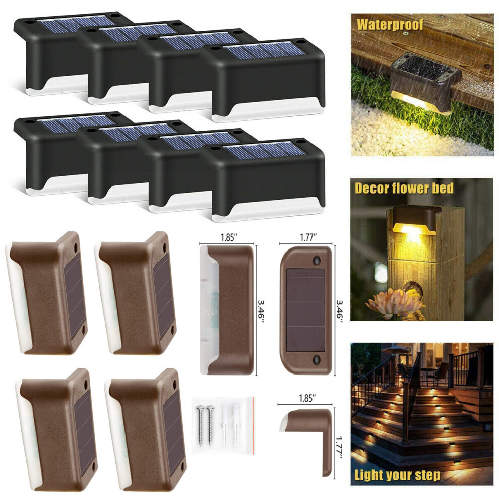 (16Pcs Brown, White) LED Solar Powered Fence Wall Lights Step Path Decking Outdoor Garden Lamp
