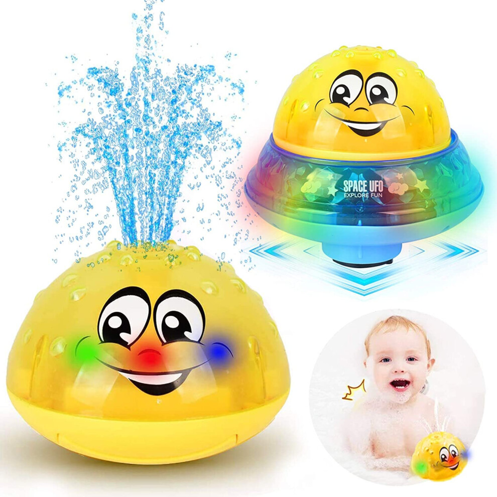 Bath Toys, 2 in 1 Induction Water Spray Toy & Space UFO Car Toys with LED Light Musical Fountain Toy Automatic Induction Sprinkler Bath Toy