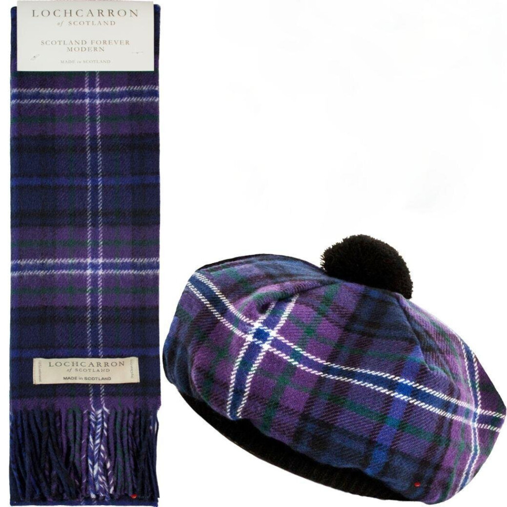 Ladies Tammy Hat & Scarf Set Lambswool Scotland Forever Modern Tartan