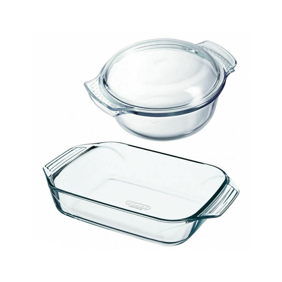 Pyrex Glass Roaster & Casserole Microwavable 1.5 & 2.1L Transparent