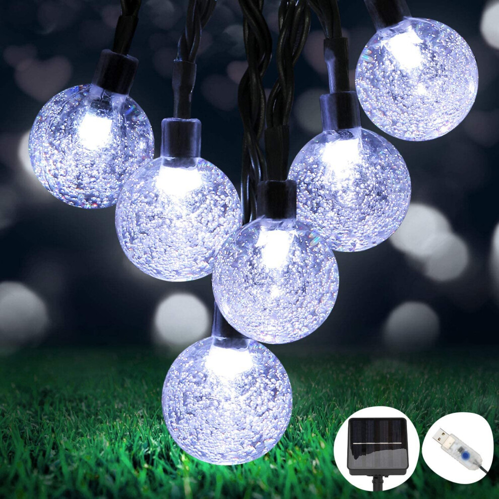 (Cool White) OMERIL Solar Garden Lights,26Ft 50 LEDs Solar Lights Outdoor Garden Waterproof, Dual Solar Powered/USB Powered String Lights for Home,Gar