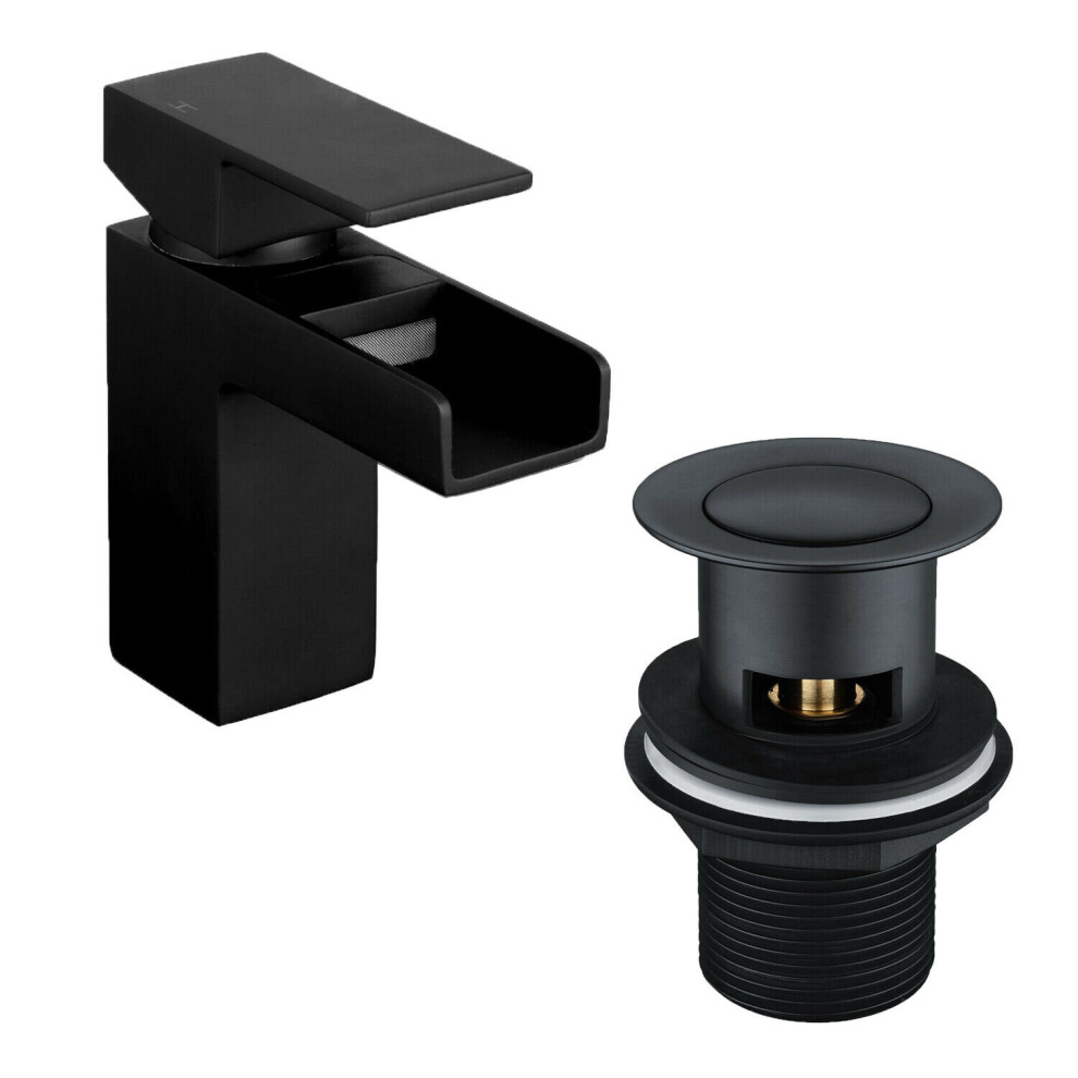 Waterfall Basin Mixer Tap Matt Black Including Basin Clicker Waste 5060651457634