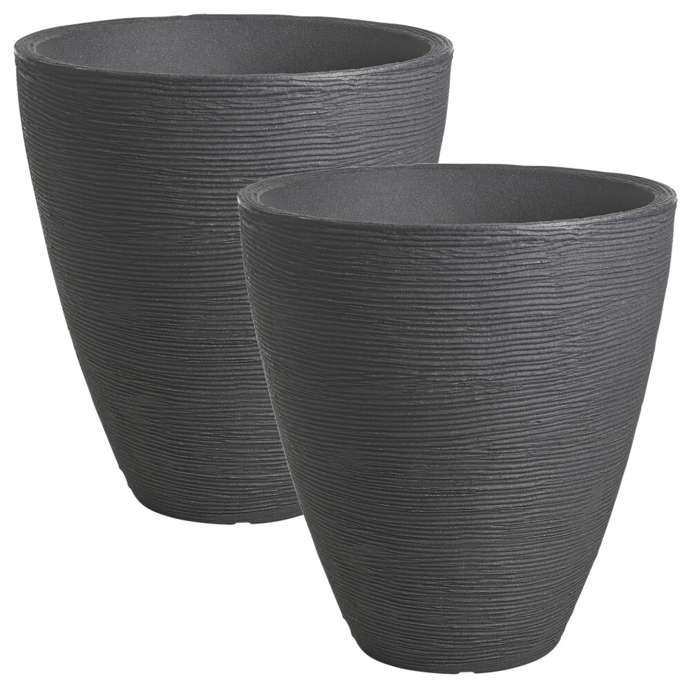 (Charcoal , x2) Round Plastic Ribbed Plant Flower Planter Pots Set