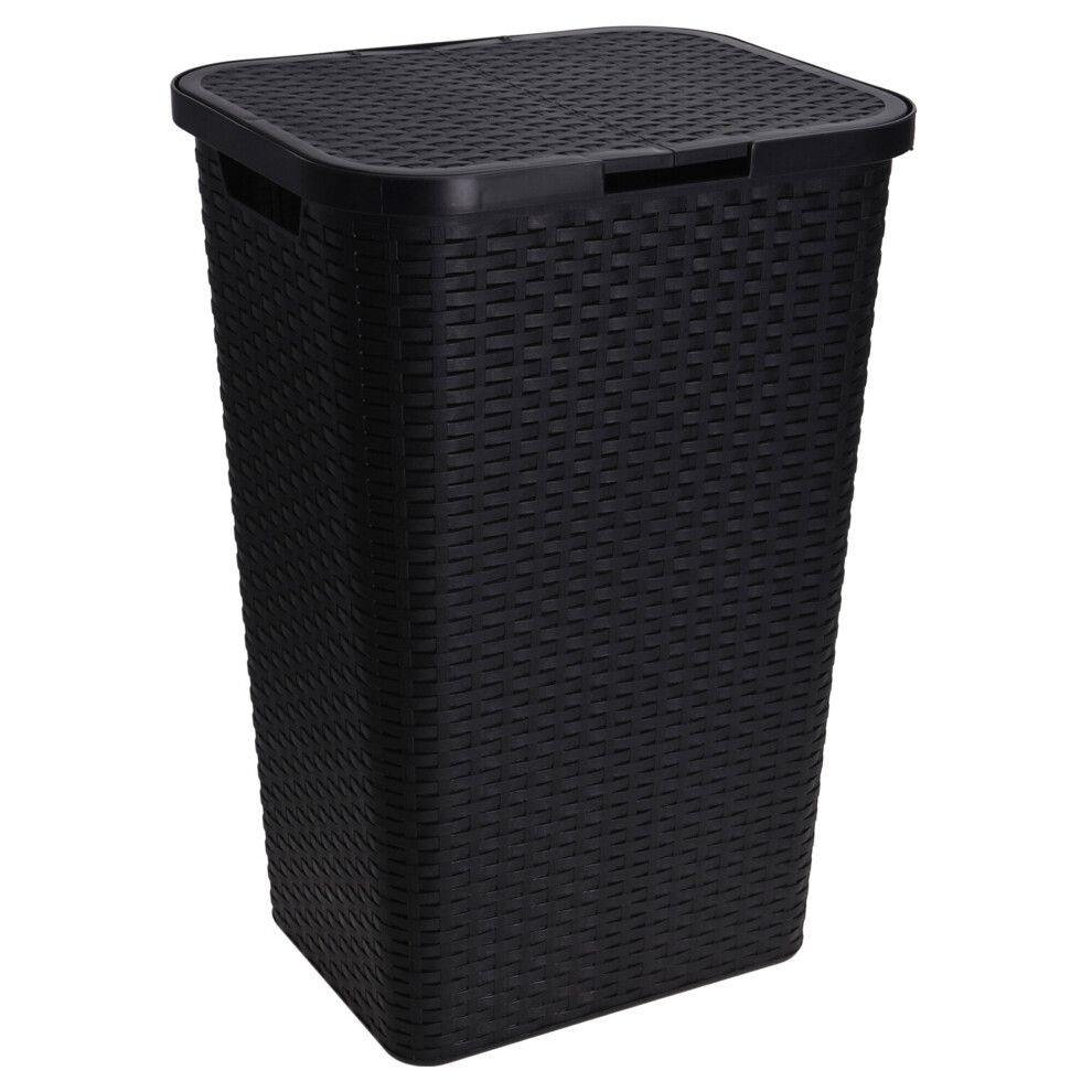 (Black) 60L Large Plastic Rattan Laundry Bin Basket Hamper