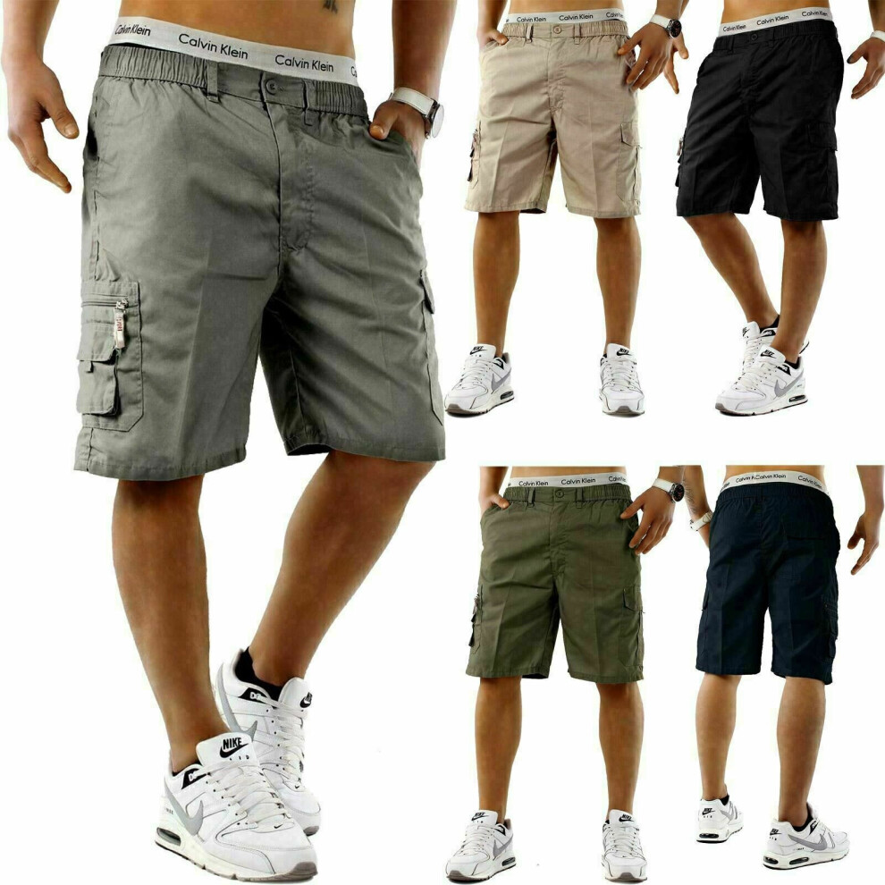 (Grey, M) Mens Elasticated Cargo Shorts Summer Casual Cotton Combat Half Pants comfort UK