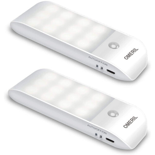 (Series1-Packs 2) OMERIL Motion Sensor Light Cupboard Night Light, USB Rechargeable Battery Powered Light