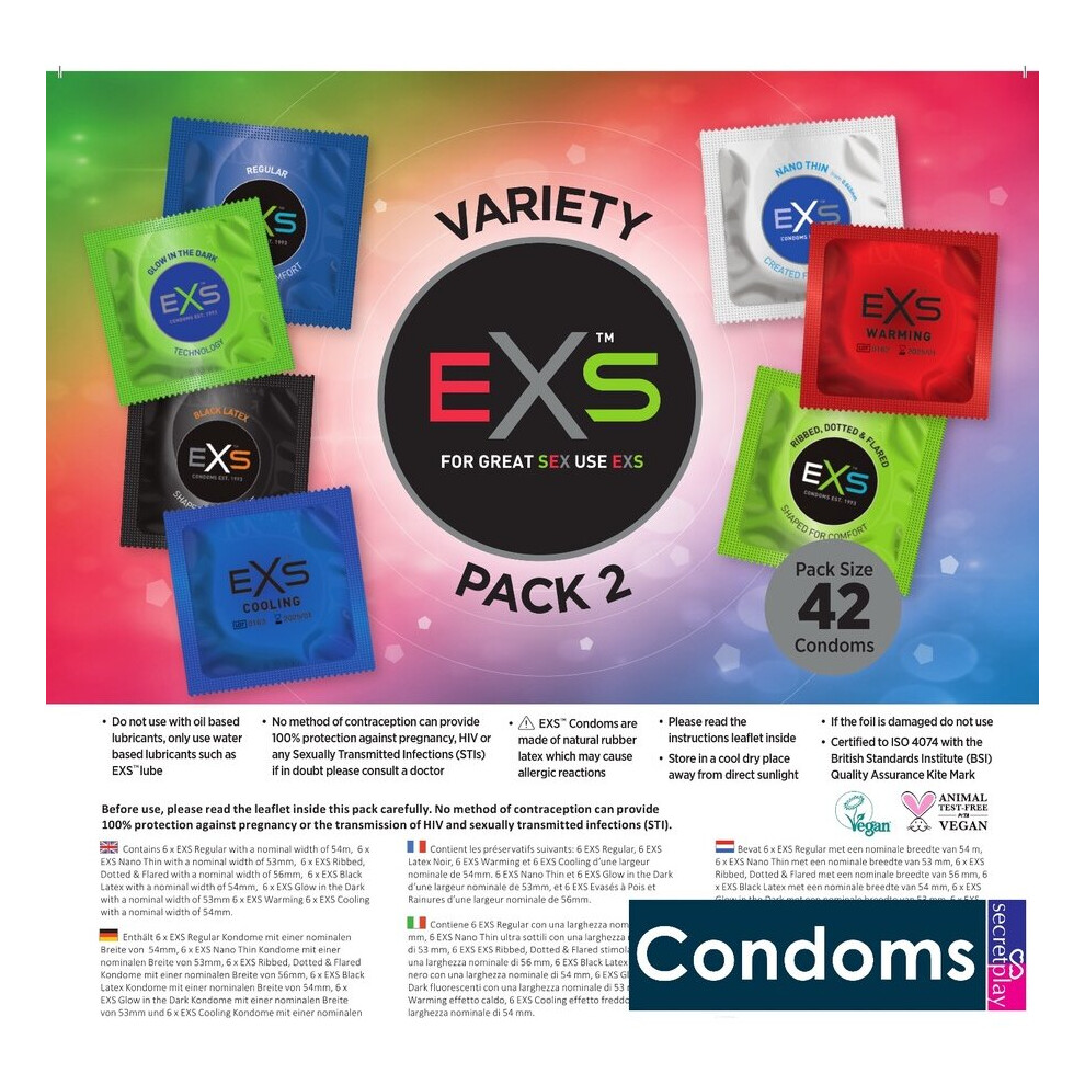 42 x Exs Condoms Pack | Nano Thin Ribbed Dotted Regular Warming Cooling Black