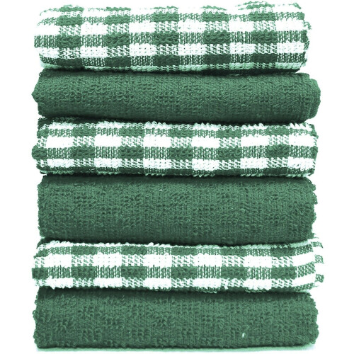 (Green, Pack of 6) Mono Check Terry Tea Towels Pack 100% Cotton Kitchen Towel