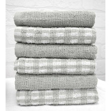 (Silver, Pack of 6) Mono Check Terry Tea Towels Pack 100% Cotton Kitchen Towel