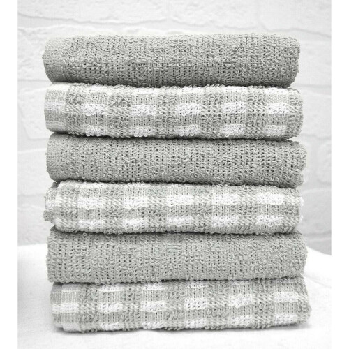 (Silver, Pack of 2) Mono Check Terry Tea Towels Pack 100% Cotton Kitchen Towel