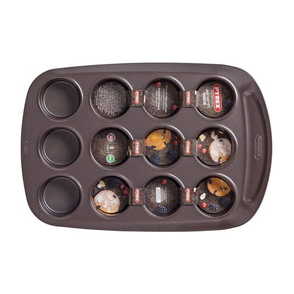 Pyrex AsimetriA Muffin Tray 12 Cups Non Stick Easy Grip Brown