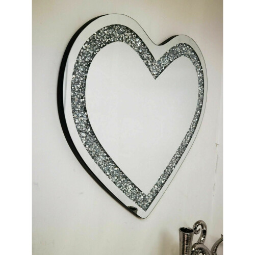 Love Heart Shaped Wall Mirror Sparkly Silver Diamond Crushed Crystal 2