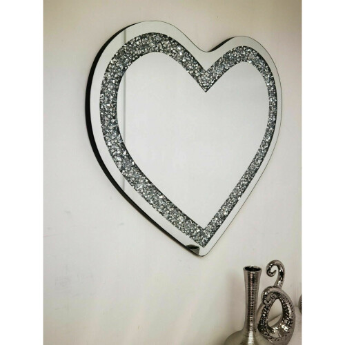 Love Heart Shaped Wall Mirror Sparkly Silver Diamond Crushed Crystal 1