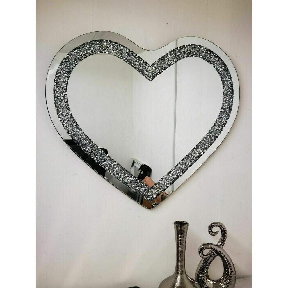 Love Heart Shaped Wall Mirror Sparkly Silver Diamond Crushed Crystal