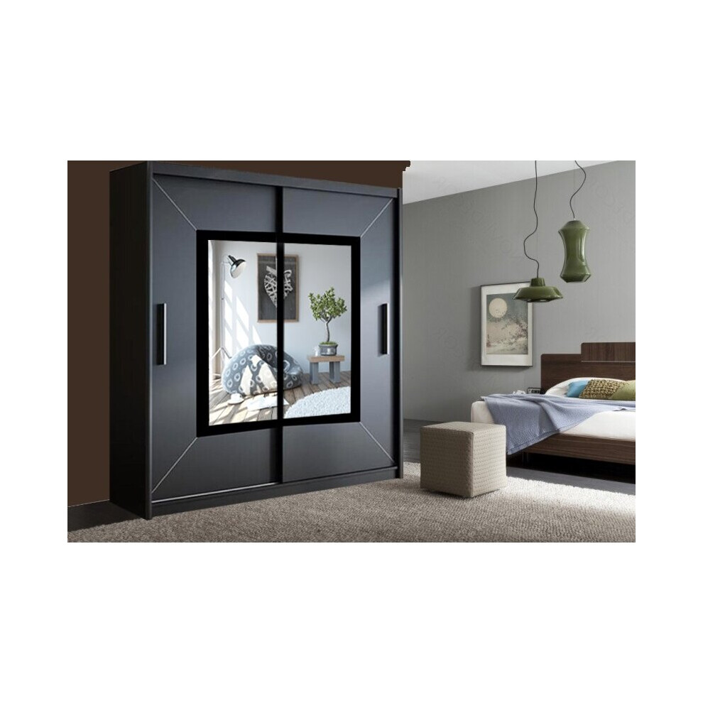 (Black, 180cm) Venice Sliding Door Mirror Wardrobe with LED