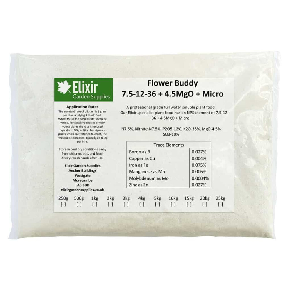 (Bag, 5kg) Elixir Gardens | Flower Buddy | Soluble | 7.5-12-36 + 4.5MgO + Micro | In Tub or Bag