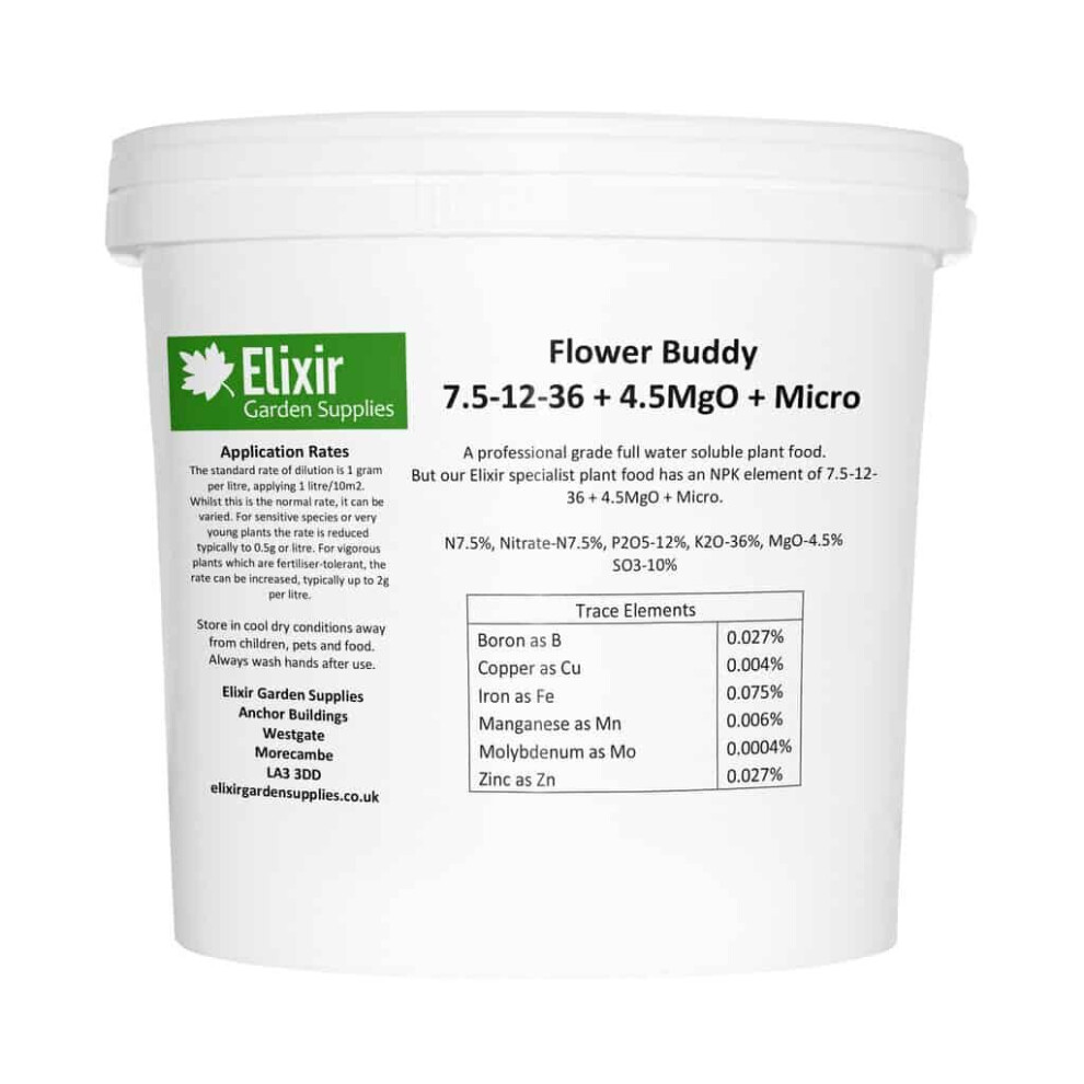 (Tub, 1kg) Elixir Gardens | Flower Buddy | Soluble | 7.5-12-36 + 4.5MgO + Micro | In Tub or Bag