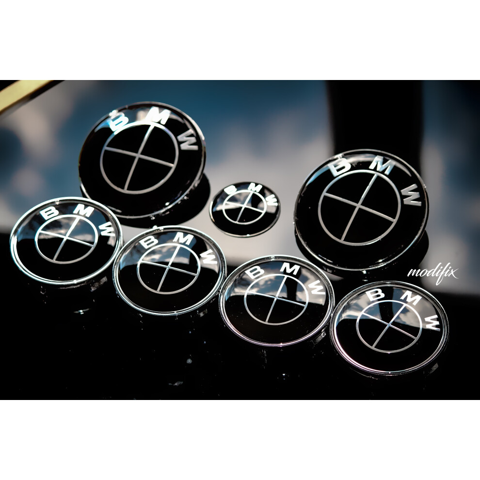 Modifix Shop - BMW Black Emblem Bonnet Badge Rear Badge Wheel Centre Caps Steering Wheel 7pcs Set