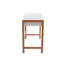 White One Drawer Desk, Computer Desk with Natural Wood Legs, Study Table Bedside Desk for Home, Office