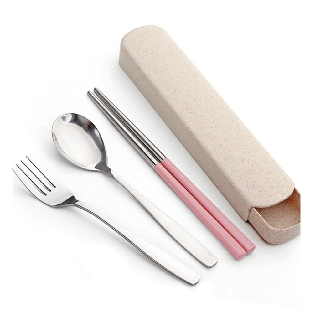 1Set Portable Stainless Steel Dinnerware Set Wheat Straw Chopsticks Spoon Fork Tableware For Kids Kitchen Dinner Set Chaochuang
