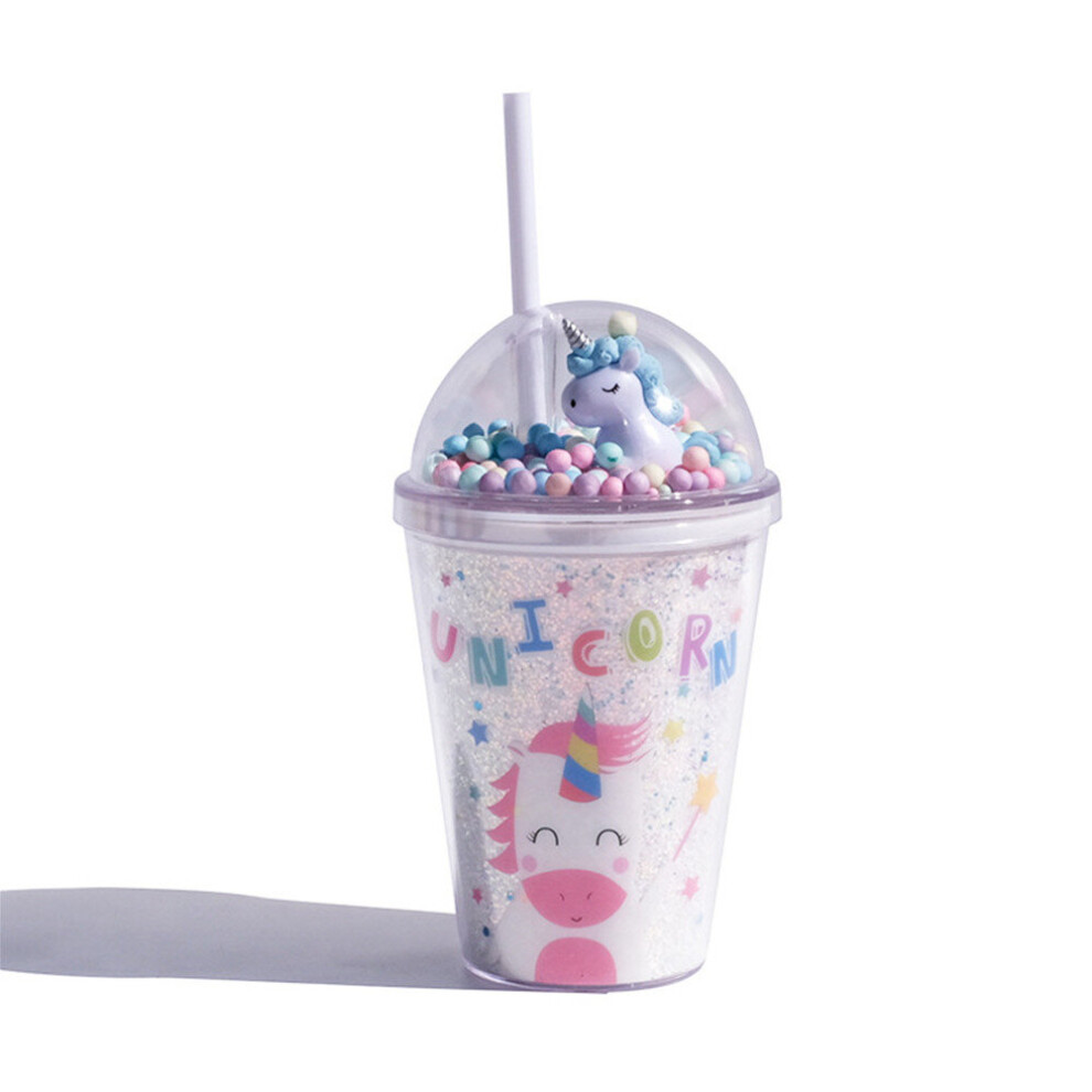 Chaochuang 380Ml Dream Unicorn Double Layer Plastic Water Cup With Straw Pink Girls Drinking Cup Kids Water Bottle