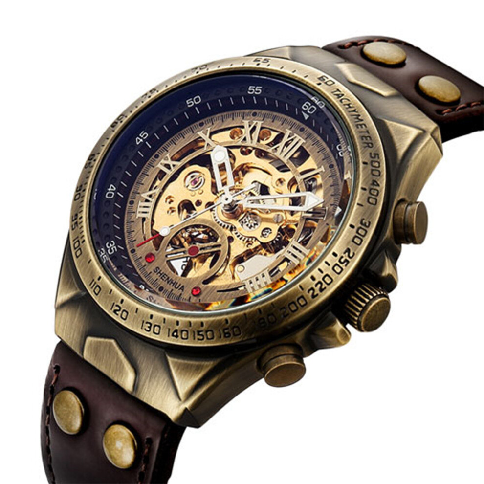 Chaochuang Leather Mechanical Watch Men Automatic Steampunk Watch Mens Skeleton Watches Transparent Vintage Sport Wristwatch Male Bronze