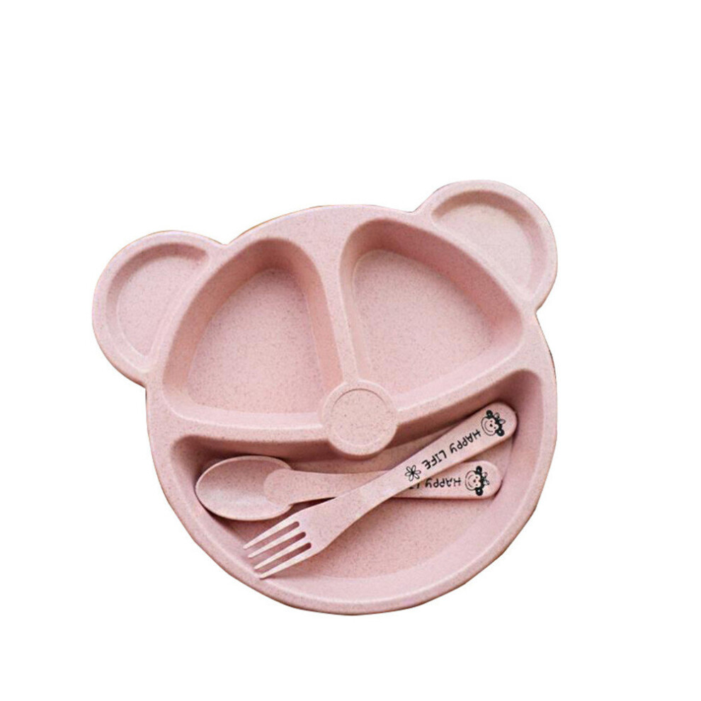 Chaochuang 3Set Dinner Plate With Fork Spoon 20*20Cm Cartoon Bear Shape Baby Feeding Dinnerware Wheat Straw Children Plates Breakfast Tray