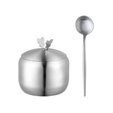 Stainless Steel Sugar Bowl with Lid and 12.7cm Spoon Kitchen Seasoning Jar Spice Salt Container Powder Condiment Storage Box