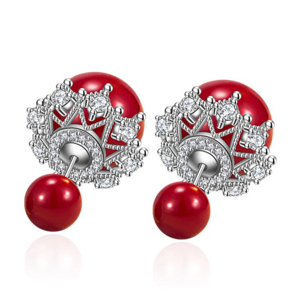 2PCS Silver plating Woman Fashion Jewelry Simple Red Round Crown Earrings