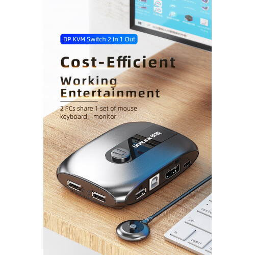 2 Ports DP KVM Switch Displayport with Extender 4K60 USB Share Monitor Printer Keyboard Mouse for 2 pc computers laptops 2