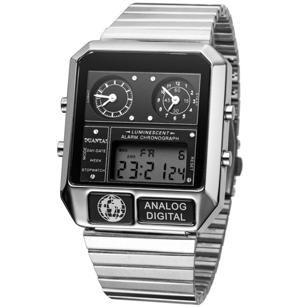 Mens Fashion Full Steel Square Watch Dual Synchronous&10-Bit LED Digital Watch Men Sport Watch-image-OPC-P79WJDZ-NEW