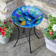 Smart Garden Decorative Hand Painted PEACOCK Glass Birdbath on Stand