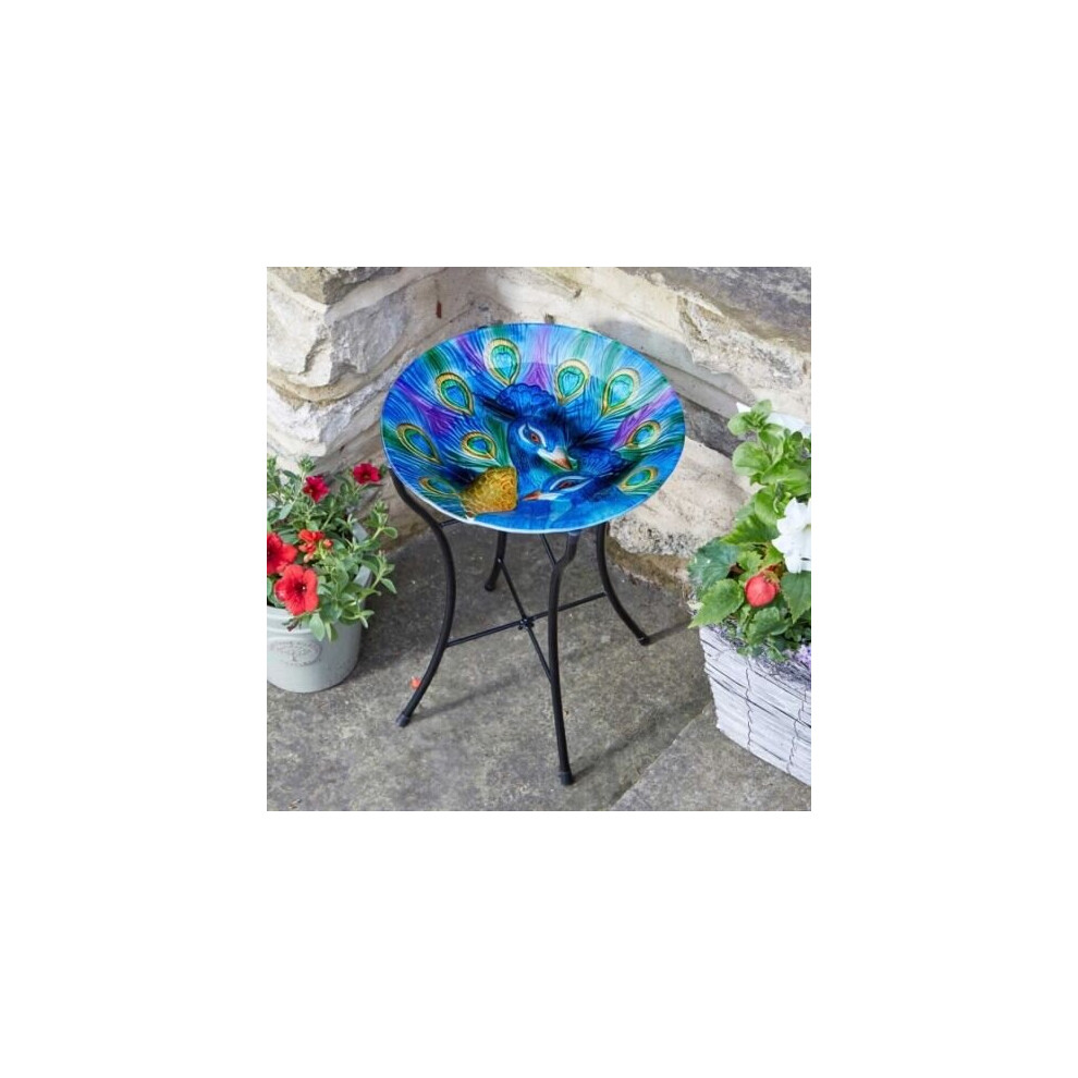 Smart Garden Decorative Hand Painted PEACOCK Glass Birdbath on Stand