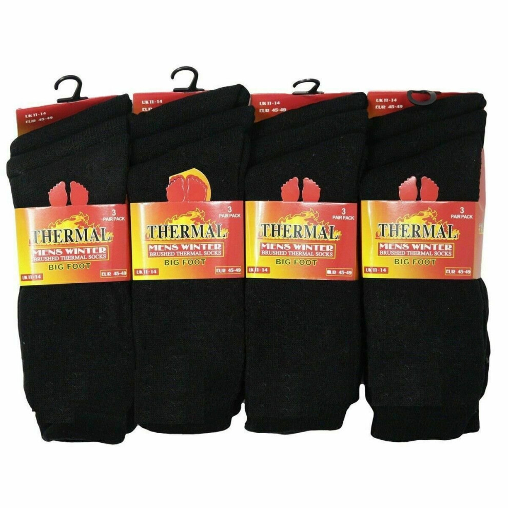 (Black) 12 Men's Thermal Big Foot Socks Winter Warm Outdoor Work Job Lot Sock Size 11-14