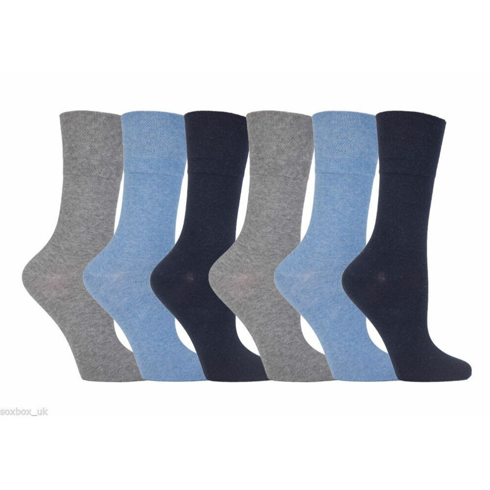 (Blue, 6 Pair Pack) Ladies Gentle Grip Diabetic Soft Top Better Blood Circulation Cotton Rich Socks