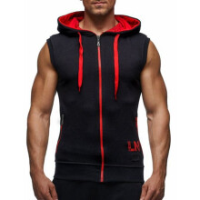 (Black Red, L) Men's Sleeveless Hoodie Sportswear Zipper Hooded