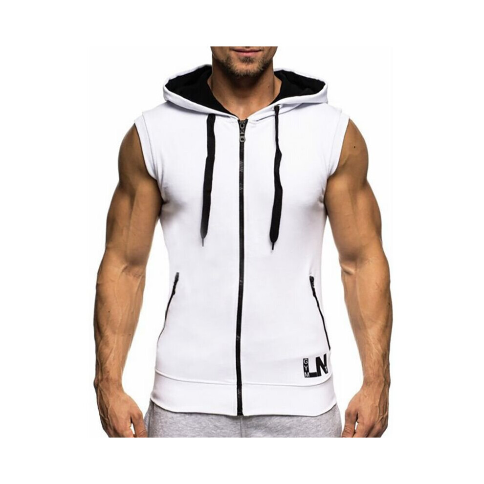 (White, M) Men's Sleeveless Hoodie Sportswear Zipper Hooded