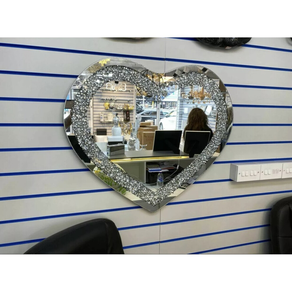Silver Wall Mirror Gatsby Crushed Diamond Crystal Glass Frame Heart