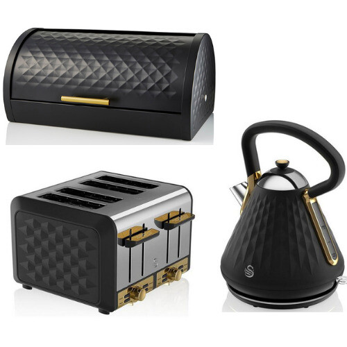 SWAN Gatsby Kettle Slice Toaster Bread Bin Matching Set Black
