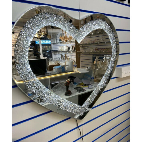 SPARKLY CRUSHED DIAMOND LED BLING HEART SHAPE WAL MIRROR 80X70CM