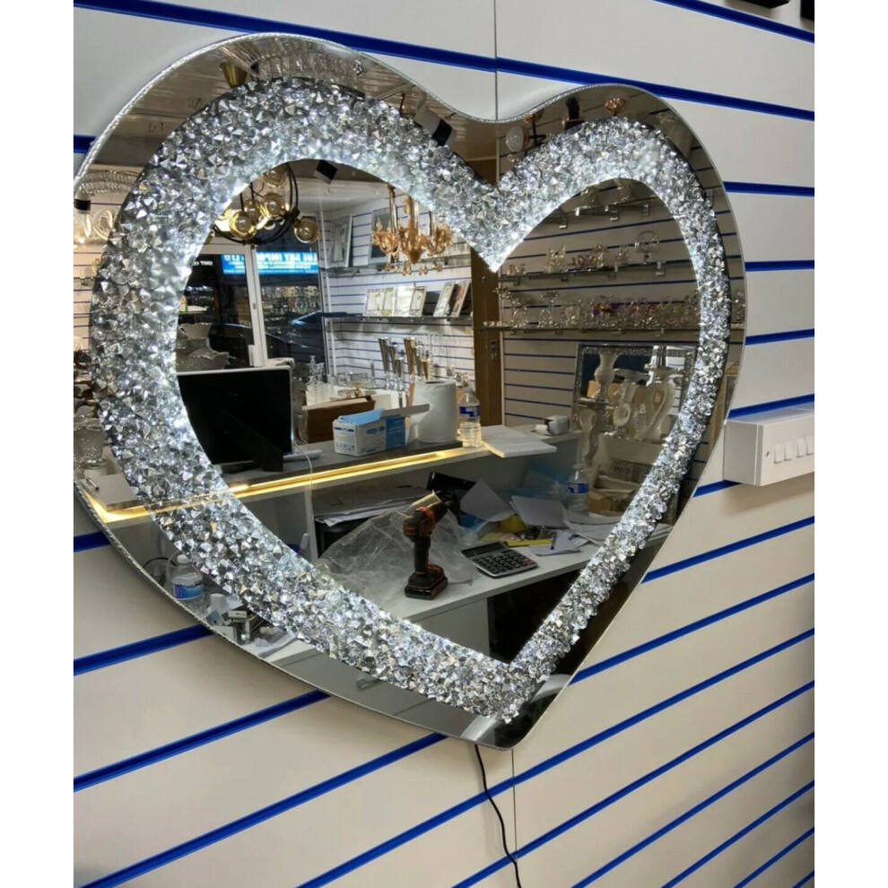 SPARKLY CRUSHED DIAMOND LED BLING HEART SHAPE WAL MIRROR 80X70CM