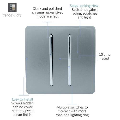 Trendi Switch Trendi 2 Gang (2 Way & Intermediate) Glossy 10 Amp Rocker Light Switch Cool Grey 1
