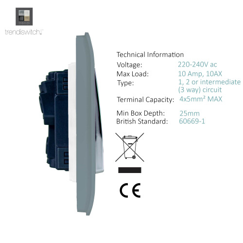 Trendi Switch Trendi 2 Gang (2 Way & Intermediate) Glossy 10 Amp Rocker Light Switch Cool Grey 2
